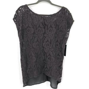 Apt. 9 Grey‎ Lace Short Sleeve Sheer Hi-Lo Shirt Woman Small Flowy Elegant NWT